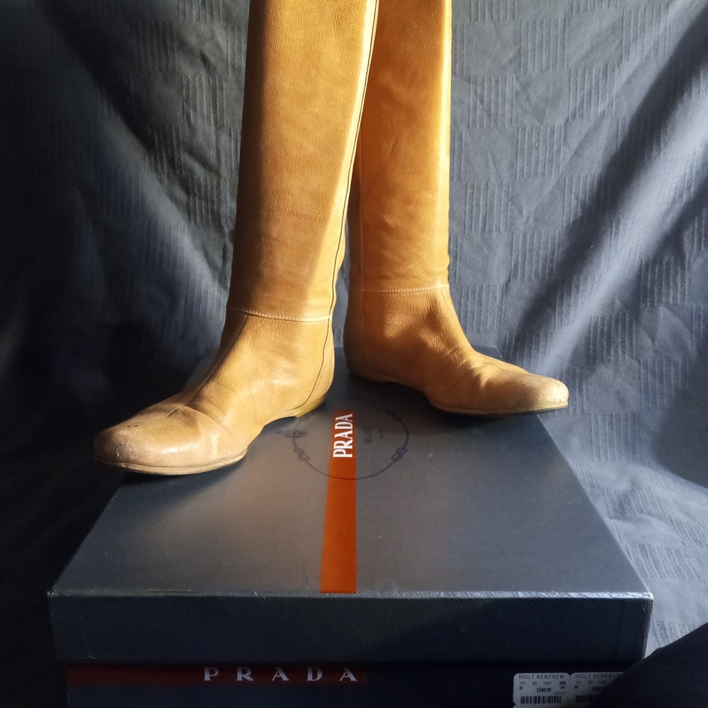 Prada Women's Camel Suede Leather Knee High Low Heeled Boots 38EU 7.5 To 8.